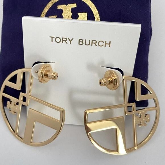 New Tory Burch Gold Chevron Stud Hoop Earrings - Picture 5 of 7
